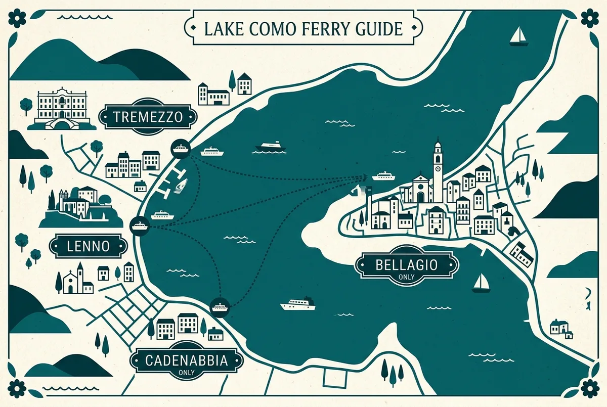 Map-style graphic of ferry stops at tremezzo, lenno and cadenabbia on the west shore of lake como connecting toward bellagio, with simple boat icons and generic place labels only