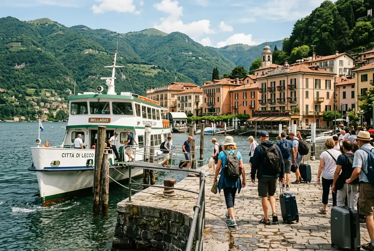 travelers stepping off a varenna to bellagio ferry onto a stone pier in bellagio with pastel lakefront buildings and green hills behind them at midday