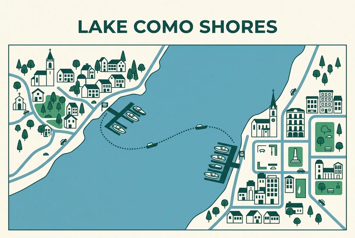 Simple map infographic comparing a varenna boat rental dock on the east shore to a menaggio boat rental dock on the west shore, with a dotted route line between them and generic labels only