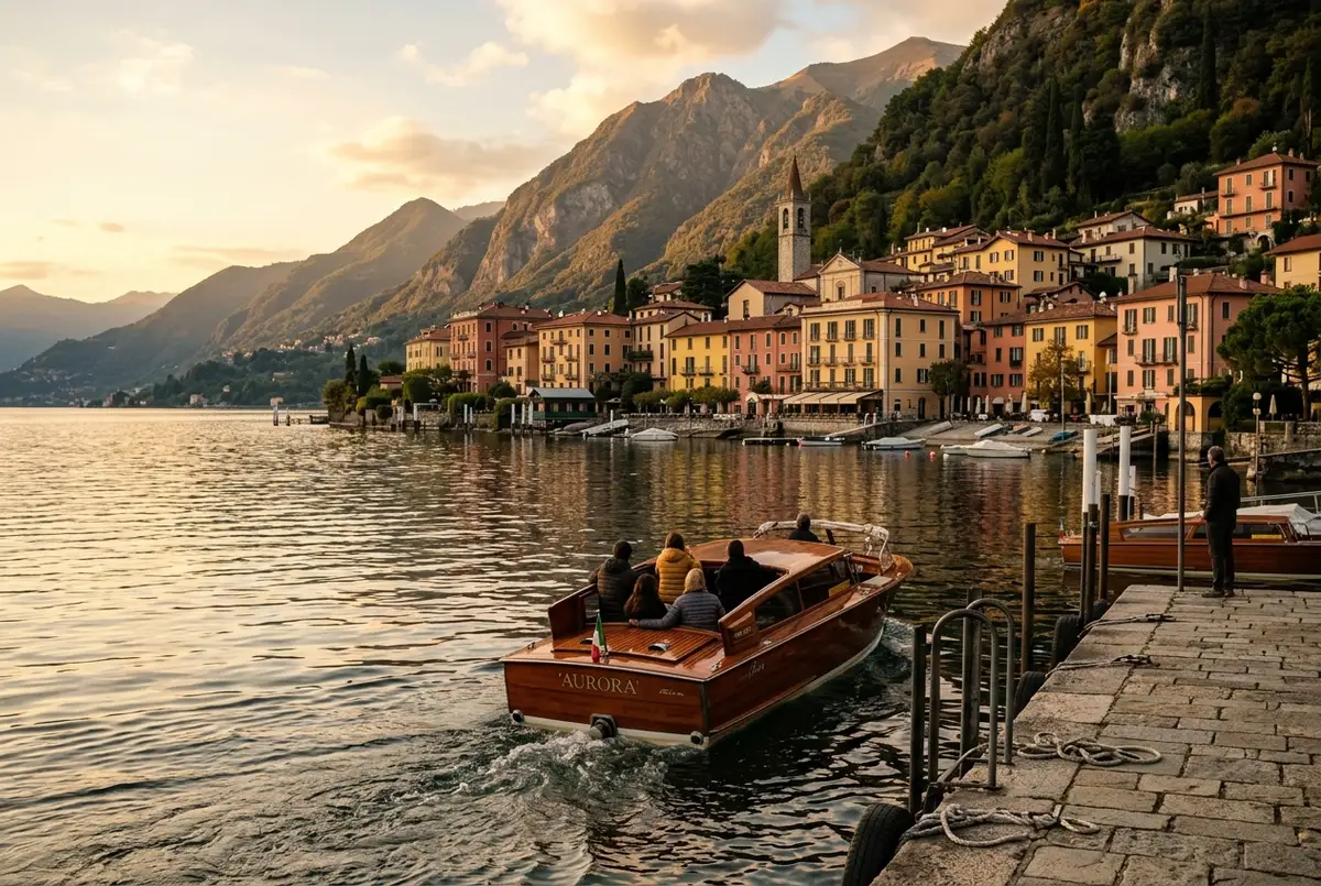 varenna boat tour departing a quiet lakeside pier in varenna italy at golden hour with pastel buildings and mountains behind