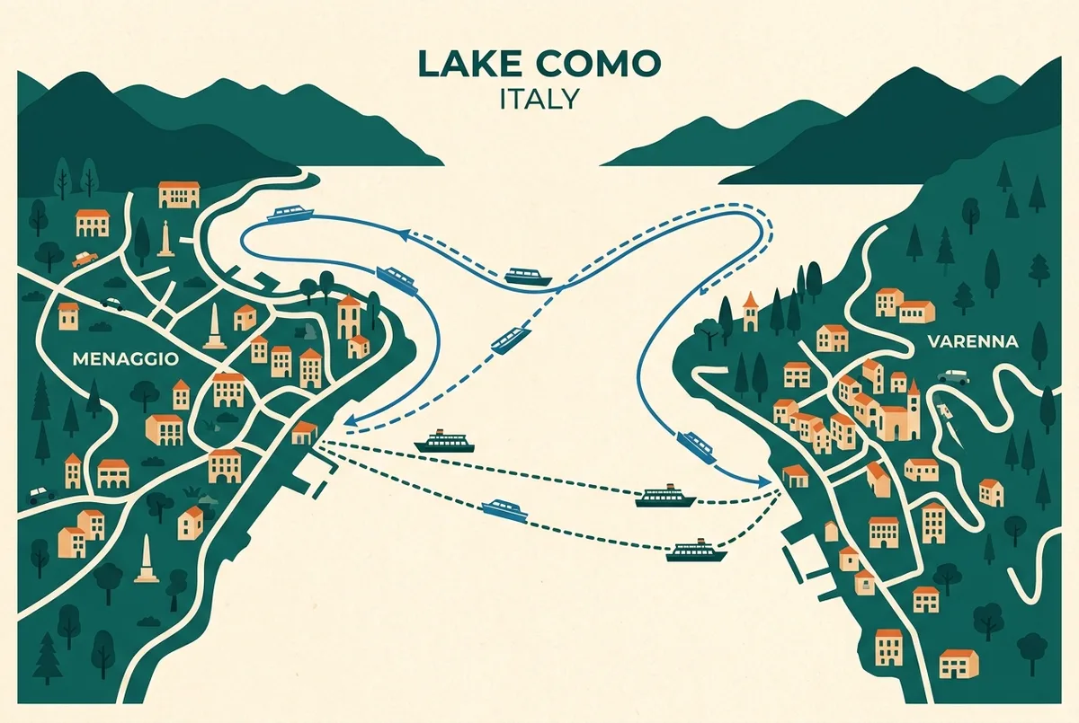 Map-style graphic of lake como showing the varenna and menaggio shoreline with a boat tour route and the ferry crossing between the two villages, generic place labels only