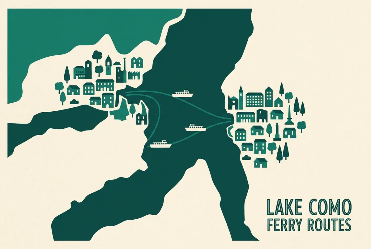 Map-style graphic of ferry routes crossing lake como between varenna and menaggio with simple boat icons and generic place labels only