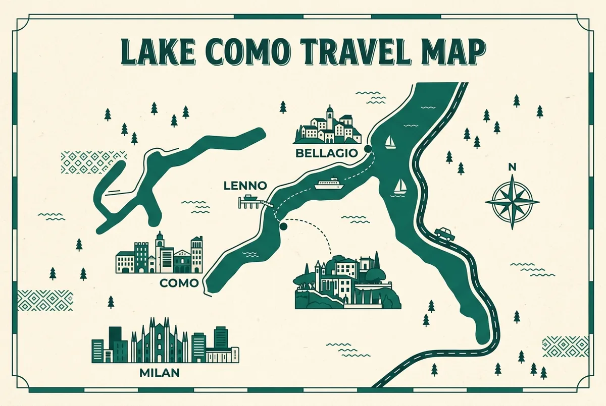 Mapa il·lustrat senzill del Llac de Como amb icones genèriques marcant Milà, Como, Bellagio i el moll de Lenno, i una línia de ruta cap a la Villa del Balbianello