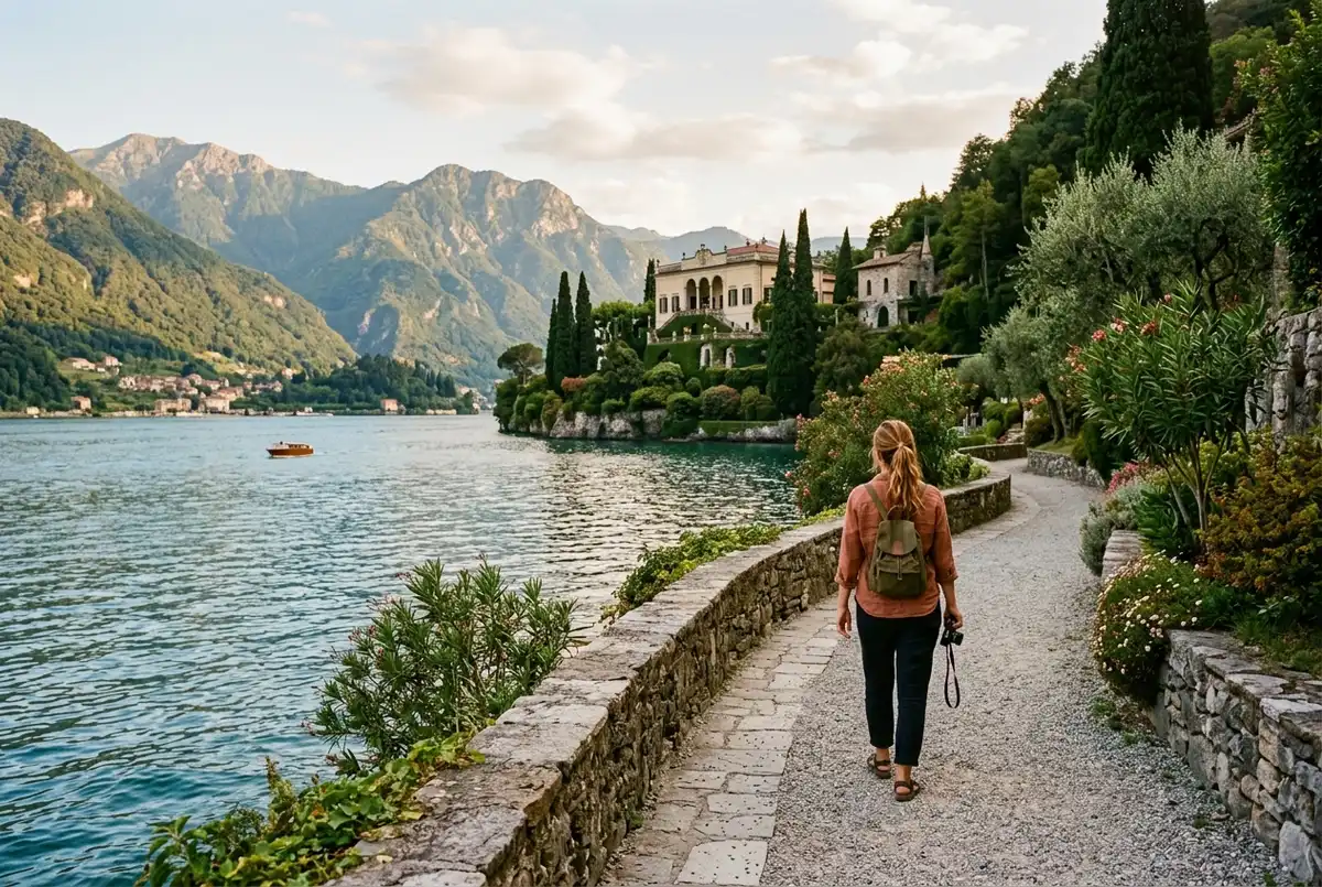 Traveler walking along a quiet lakeside path toward villa del balbianello's terraced gardens with the lake and misty mountains visible at midday