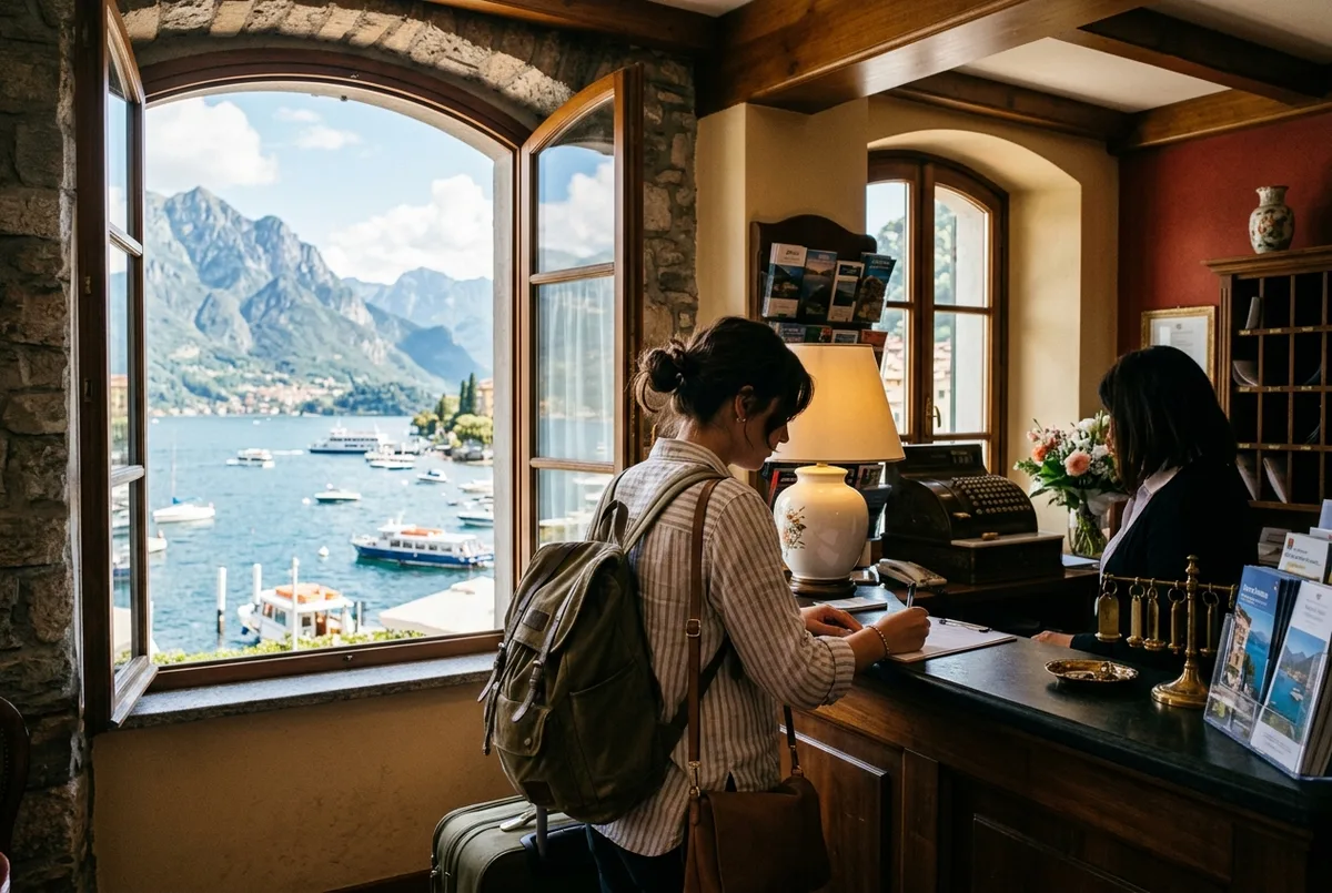 traveler checking into a lakefront hotel in varenna on lake como with the water and mountains visible through the open window