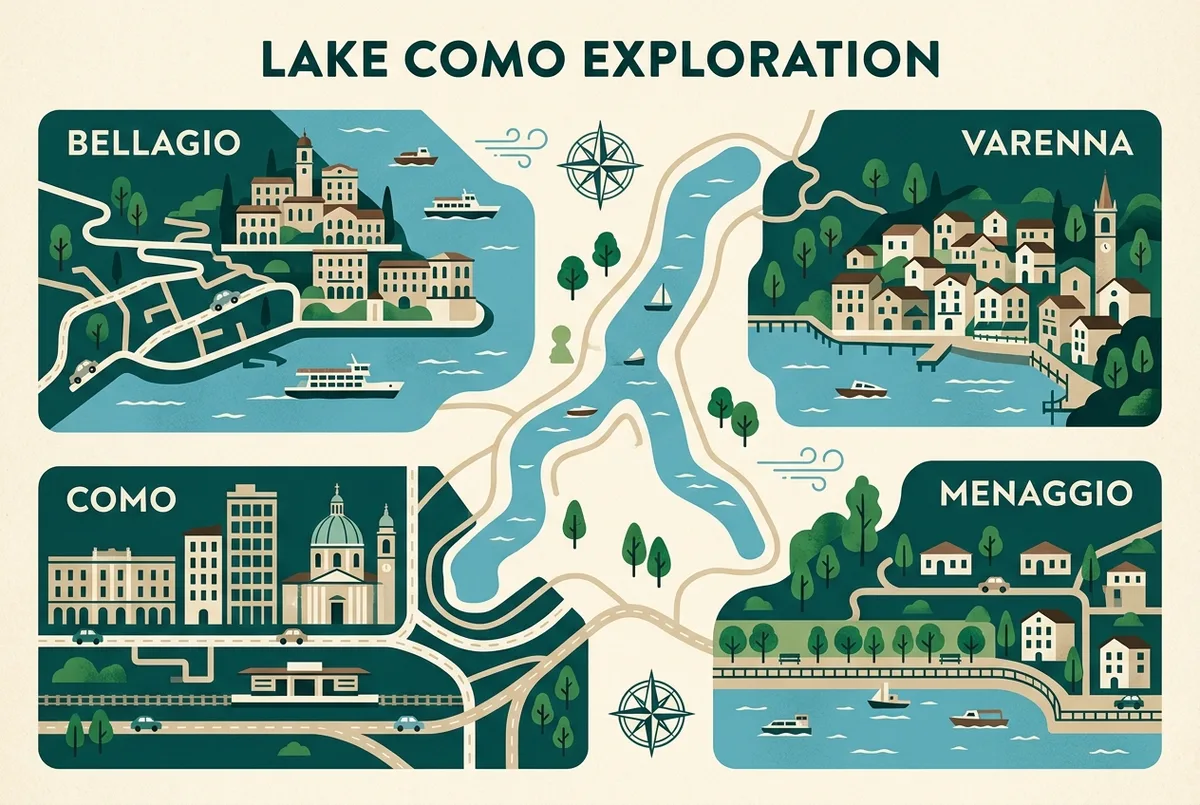 map-style infographic comparing bellagio, varenna, como and menaggio as lake como base towns, generic place labels only