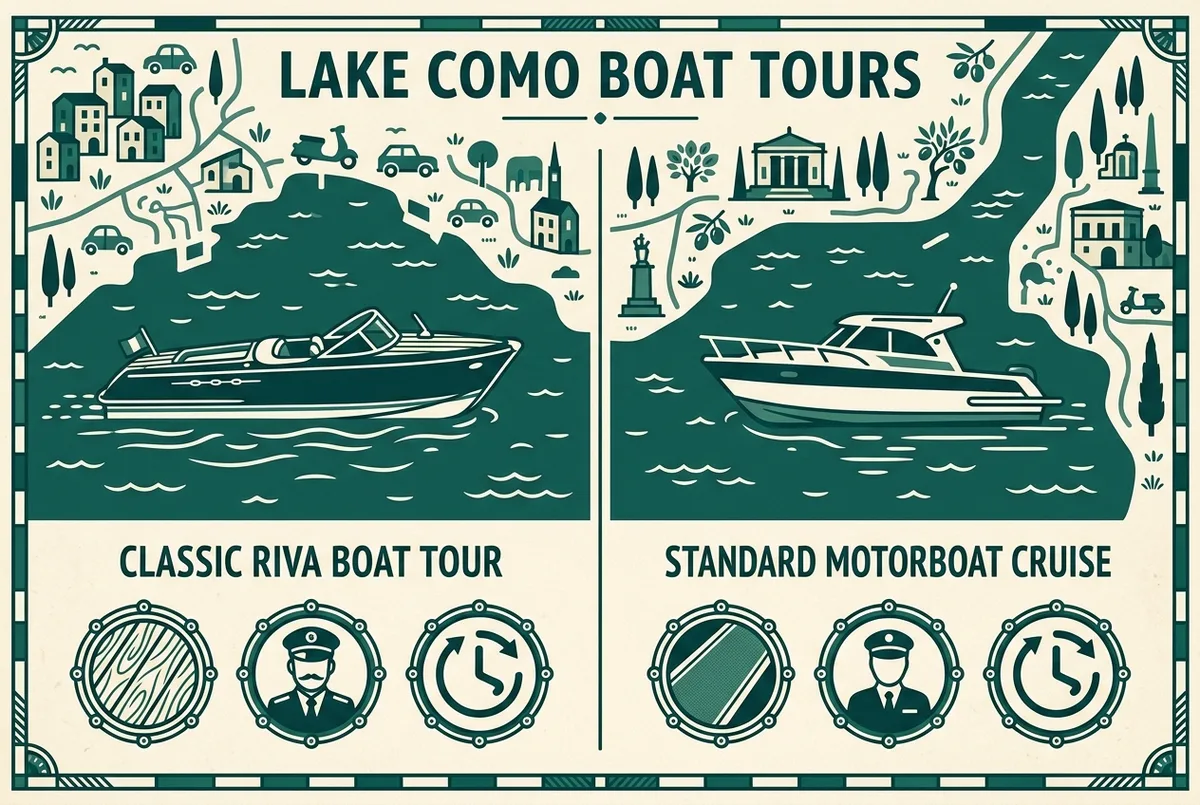 Infographic comparing a classic wooden riva boat tour lake como to a standard motorboat cruise, generic icons for deck material, captain included and typical duration, no prices or statistics
